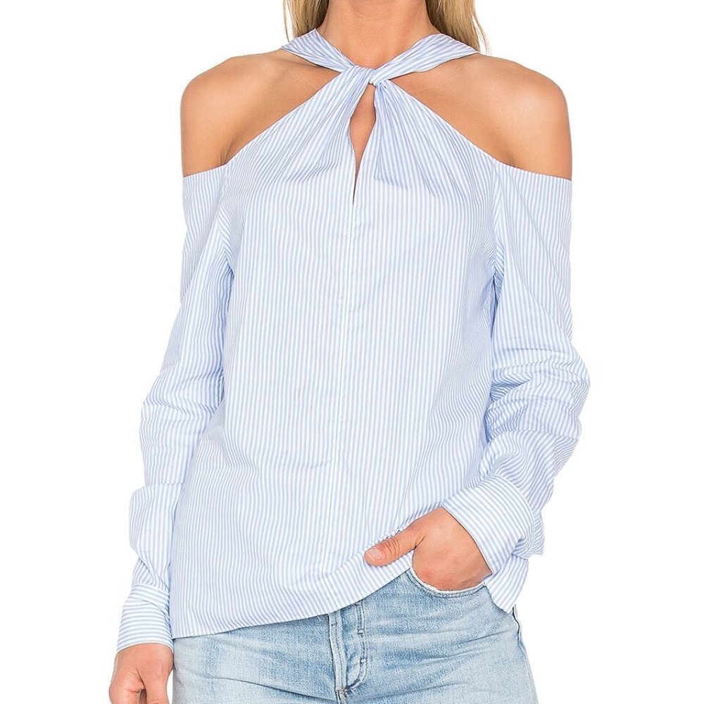 Rag and Bone Collingwood Blue White Striped Cold Shoulder Twist Neck Top Size XS